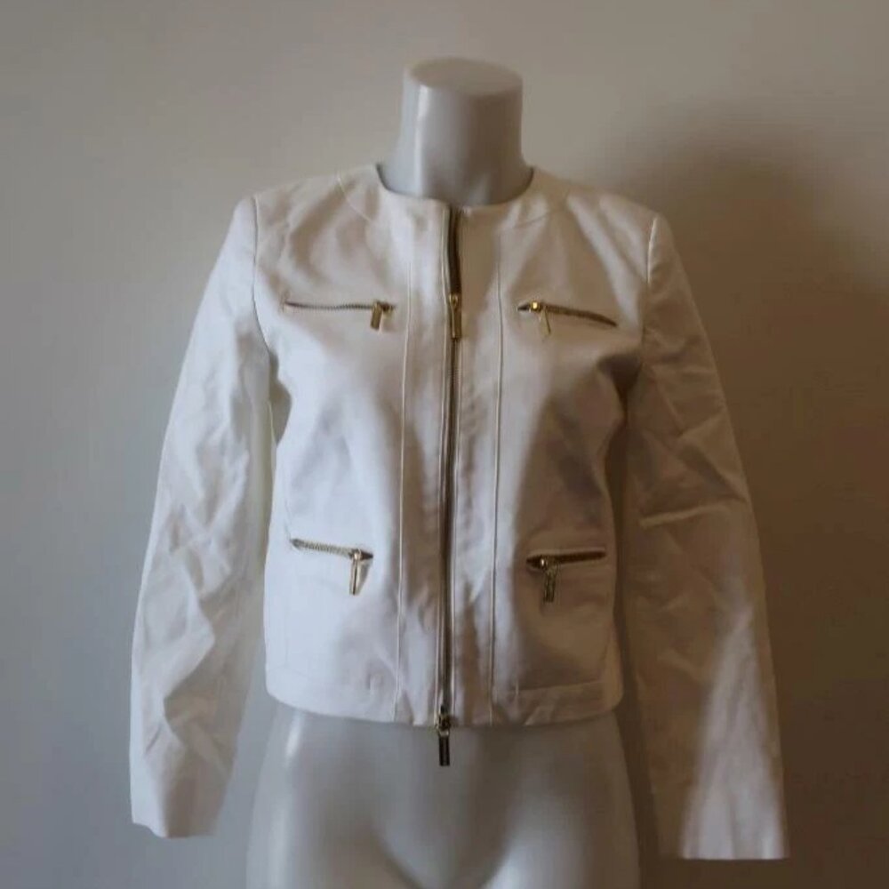 Polished & Bold! MICHAEL Michael Kors White Moto Jacket with Gold Zippers